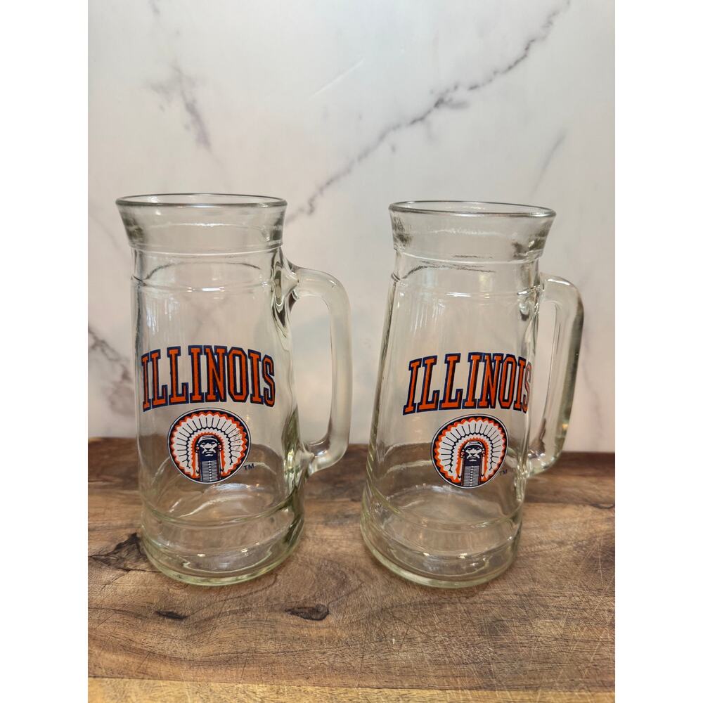 Lot of 2 Vintage Illinois Fighting Illini Glass Beer Mugs Stein NCAA Barware